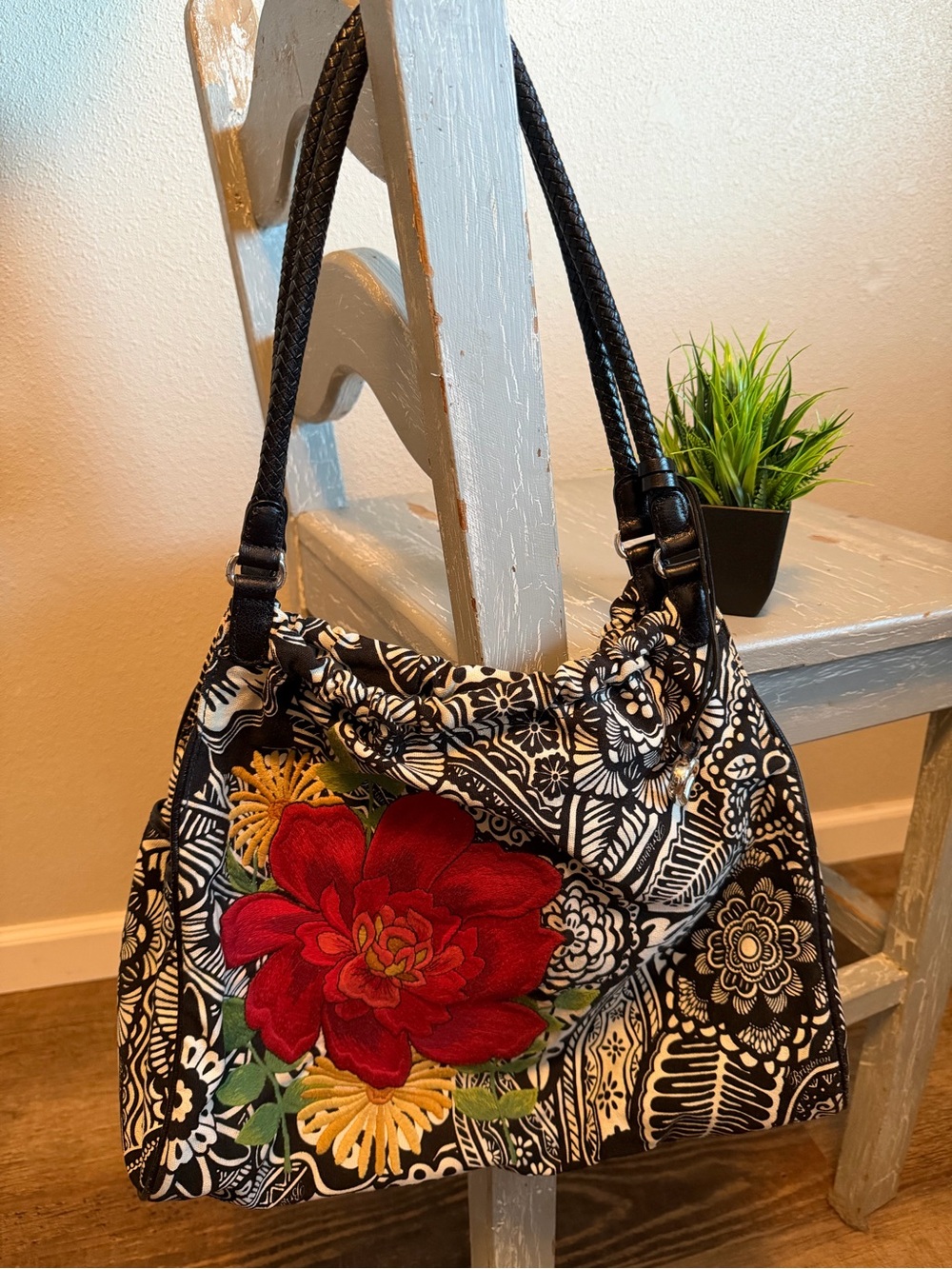 Brighton Black & White Floral Shoulder Bag with Red Appliqué